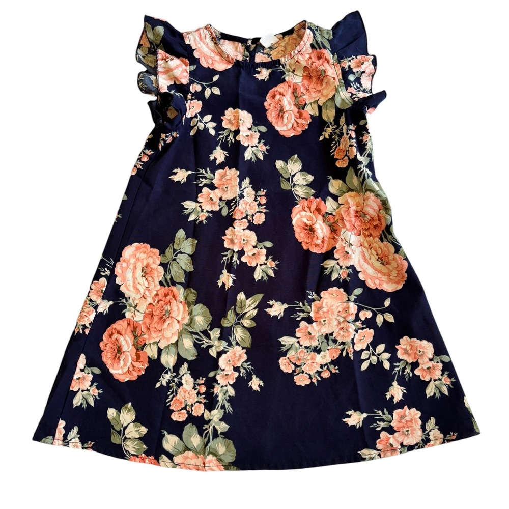 SHEIN Girls 4Y Navy Blue‎ Floral Flutter Sleeve A-Line Dress